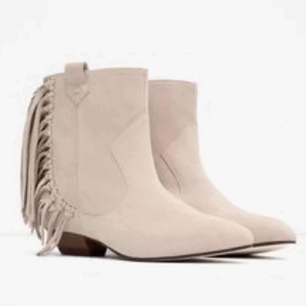 Zara Fringe Cream Suede Ankle Boots EU39 US8 ‘Display Shoes’